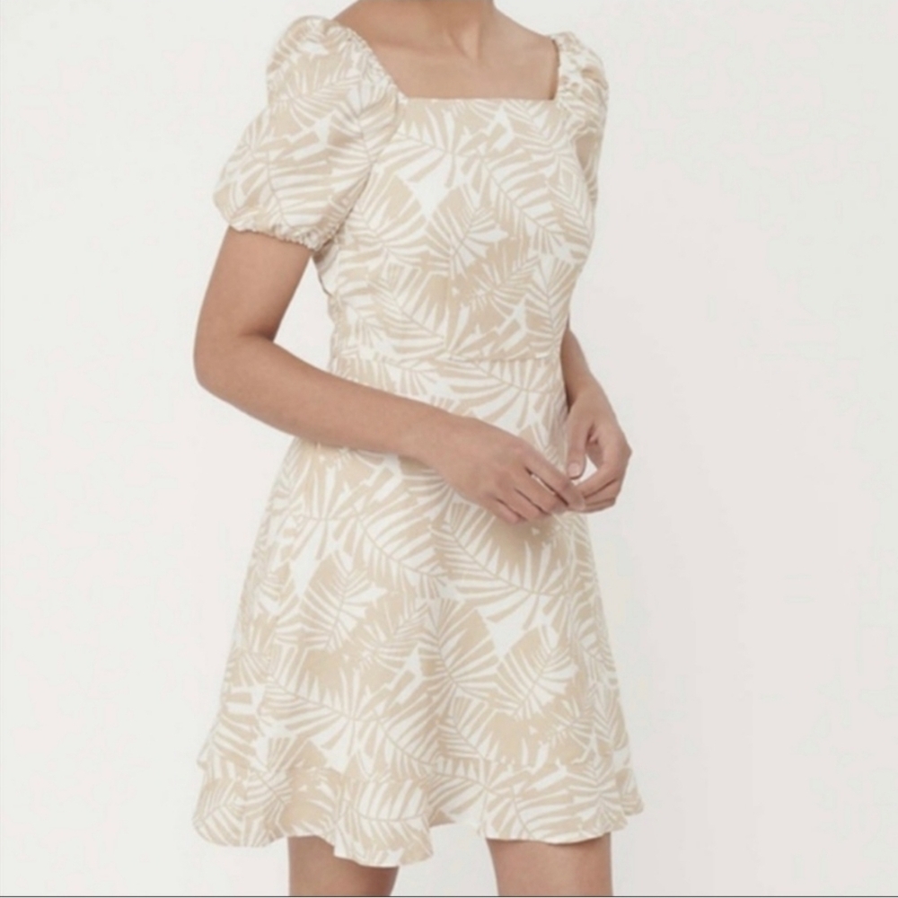 Loft Puff Sleeve Palm Print Linen Blend Tie Back Dress‎ Size 6